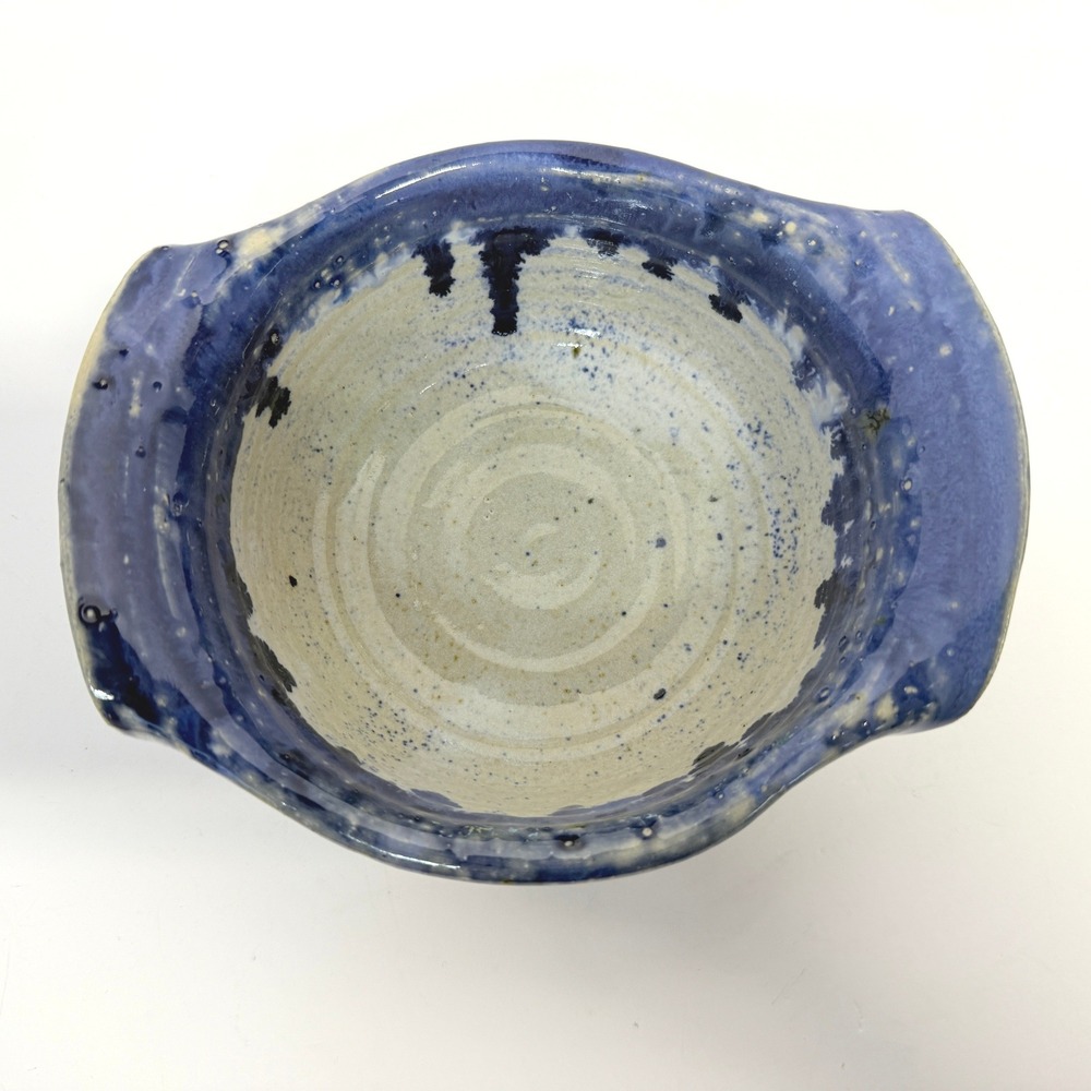 Wright 2001 Studio Pottery Hand Thrown Cobalt Blue Drip Glaze Bowl with Handles
